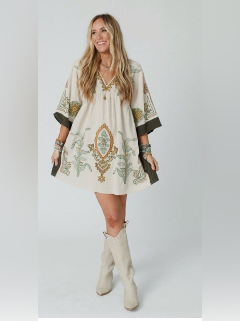 Boho V-Neck Tunic Dress in Cream and Olive